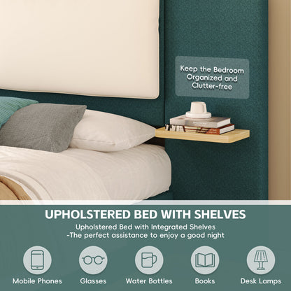 Queen Size Upholstered Platform Bed with Panel, beige headboard with teal panel on Tampa Home & Garden Store