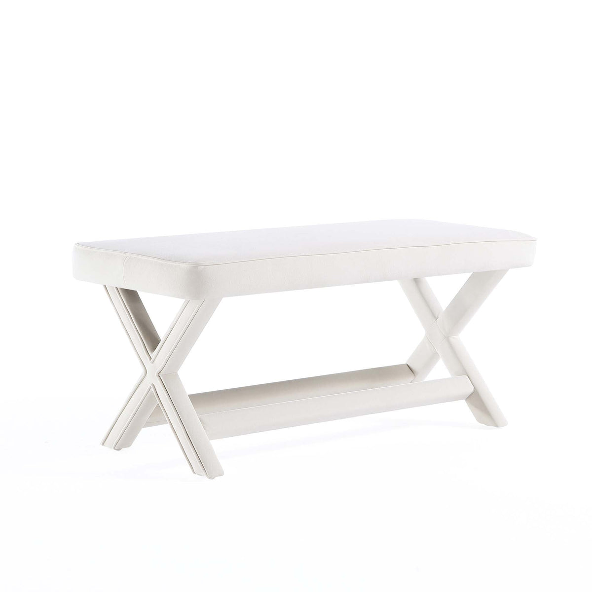 Accent bench white upholstered with piped cushion on solid wood X-frame by HouseOfZazla on Tampa Home & Garden Store