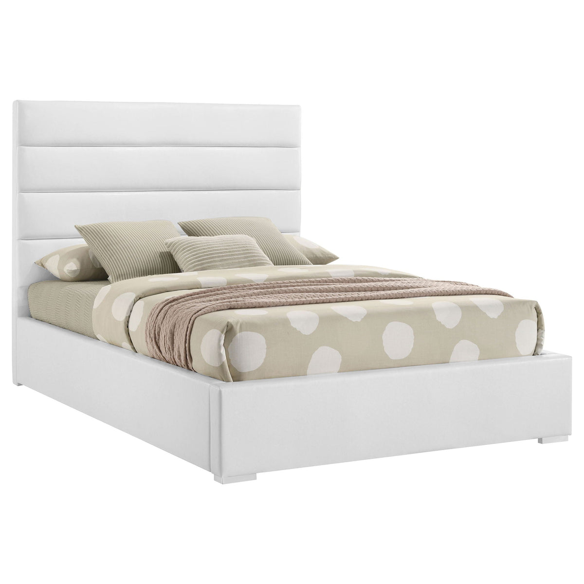 Dulcey Platform Bed by HouseOfZazla, white upholstered headboard with panels, beige bedding on Tampa Home & Garden Store