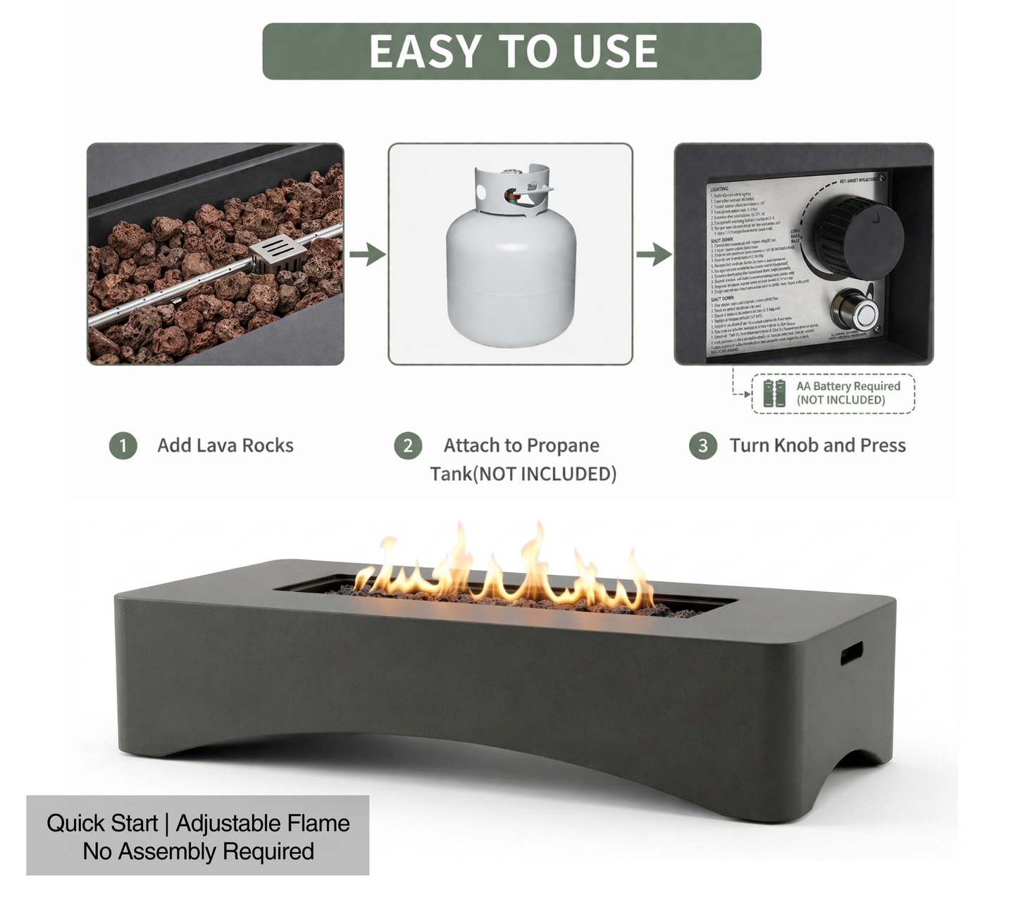 56-inch black rectangular propane fire pit table, with lava rocks and control panel HouseOfZazla on Tampa Home & Garden Store