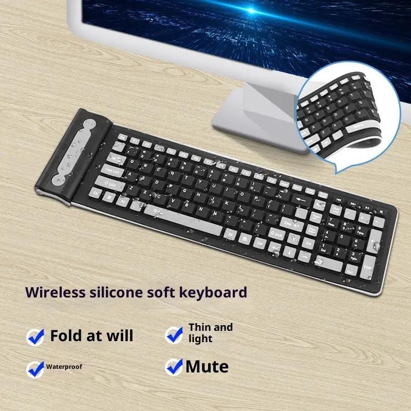 Wireless silicone folding keyboard 24g portable, waterproof, mute, black with silver keys on Tampa Home & Garden Store