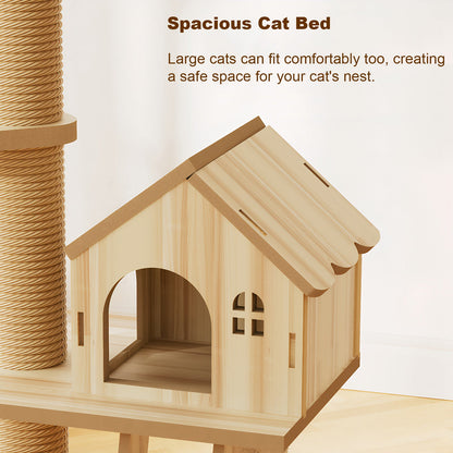 Floor to Ceiling Cat Tree with Adjustable Height and Condo Cave Bed in wood with sisal rope on Tampa Home & Garden Store