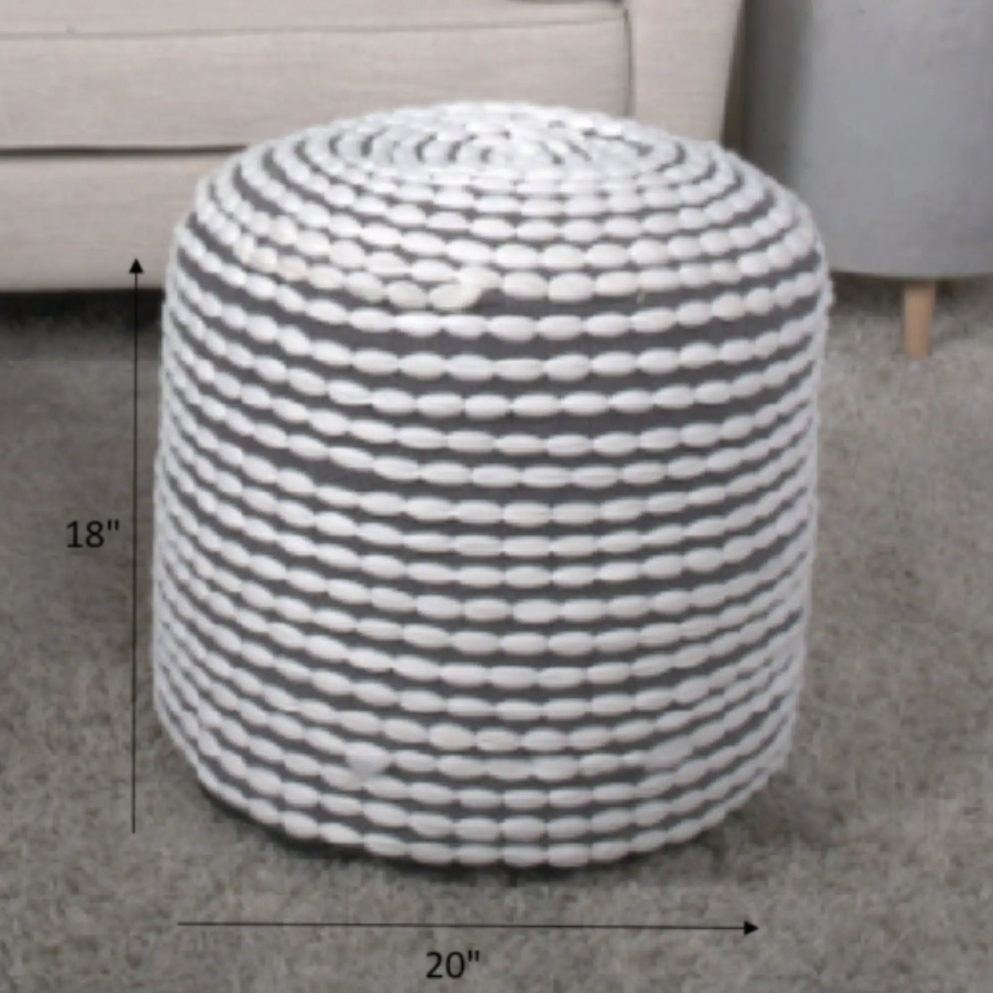 River handcrafted cylindrical pouf gray white rope pattern water resistant fabric on Tampa Home & Garden Store