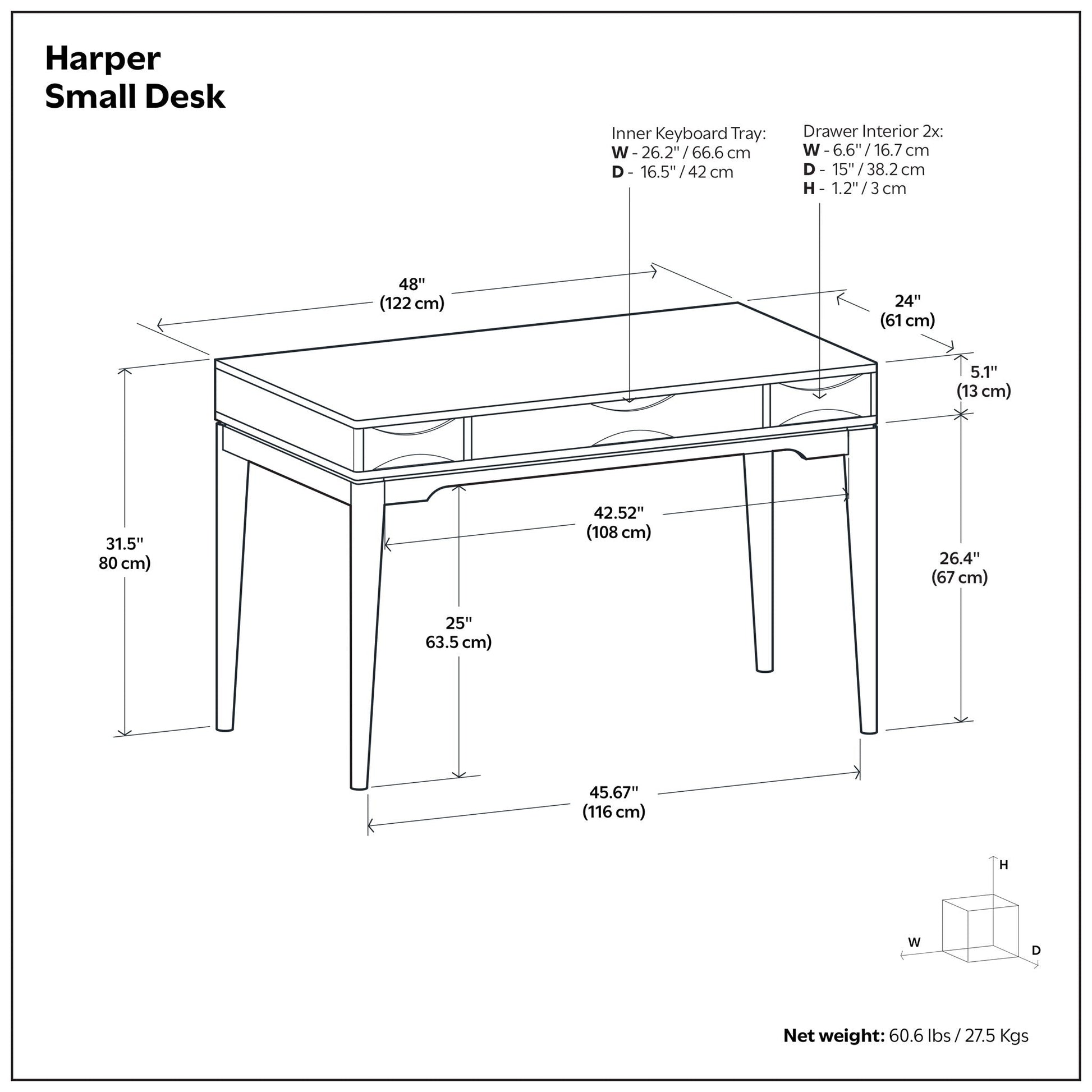 Harper Small Desk dimensional line drawing by Unique Piece Furniture on Tampa Home & Garden Store