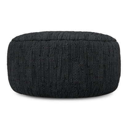 Black Leather Round Pouf Fredrik with Dense Bead Support, HouseOfZazla on Tampa Home & Garden Store