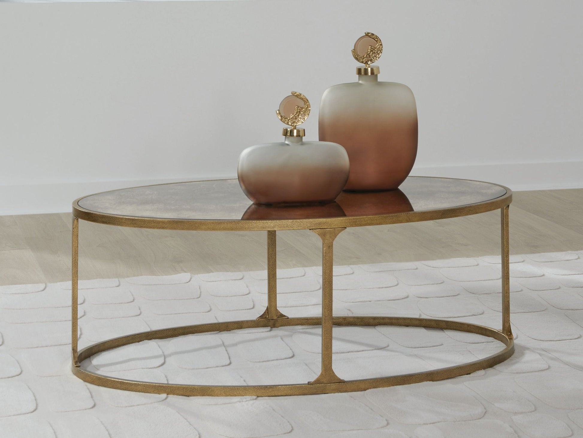 Korajane coffee table gold frame glass top with two gradient ceramic vases on surface on Tampa Home & Garden Store