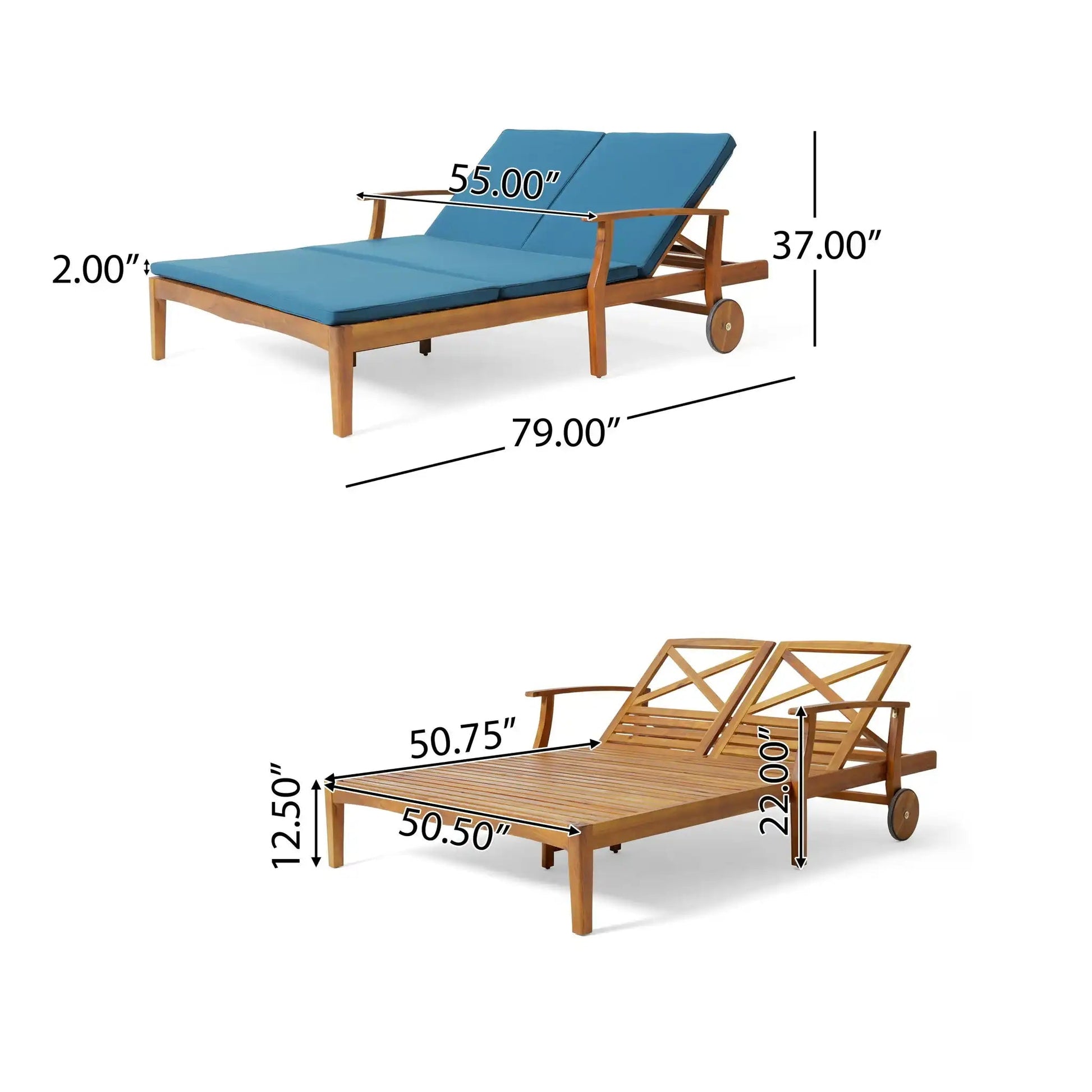 Etherealize outdoor adjustable double chaise lounge with blue cushions, wooden frame HouseOfZazla on Tampa Home & Garden Store