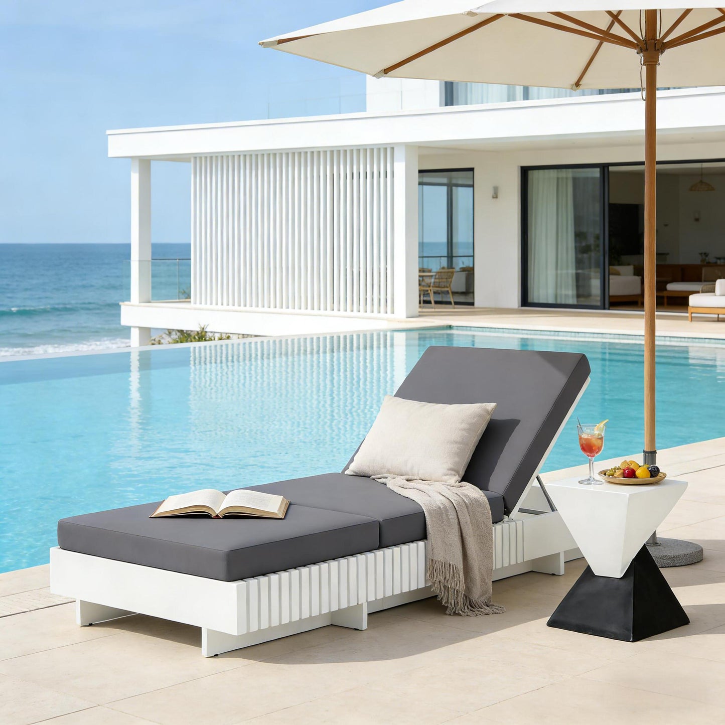 Premium White Acacia Wood Patio Chaise Lounge