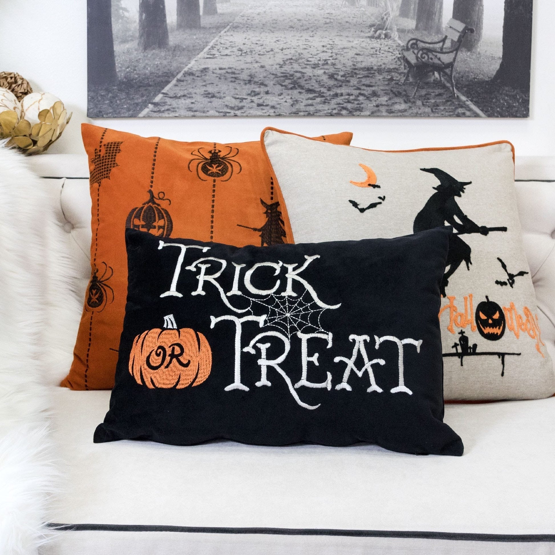 Halloween lumbar pillow embroidered Trick or Treat black cushion with pumpkin motif insert on Tampa Home & Garden Store