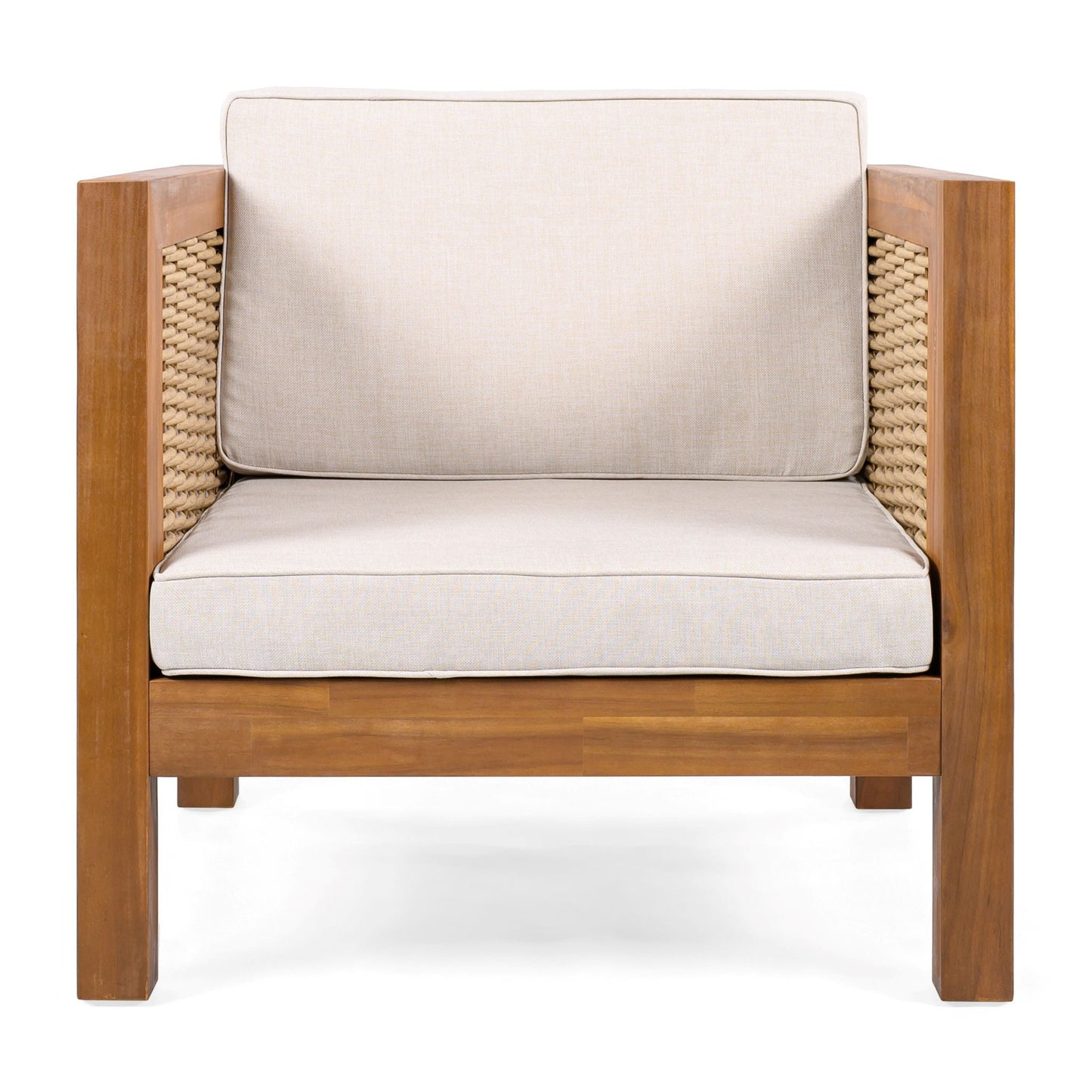Outdoor Club Chair With Wicker Armrest by HouseOfZazla, beige cushions, wood frame on Tampa Home & Garden Store