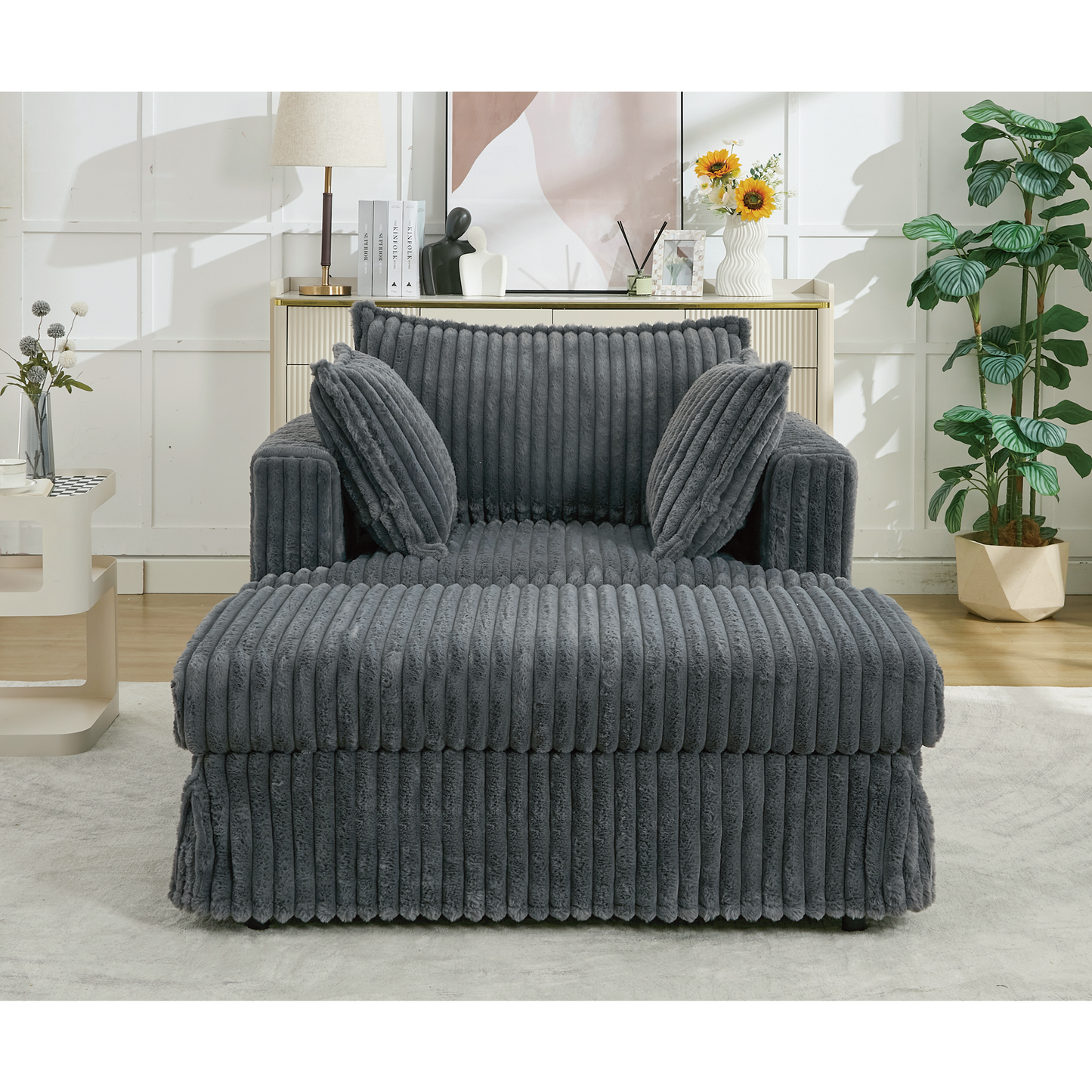 Oversized corduroy chaise lounge with ottoman in dark gray fabric on Tampa Home & Garden Store