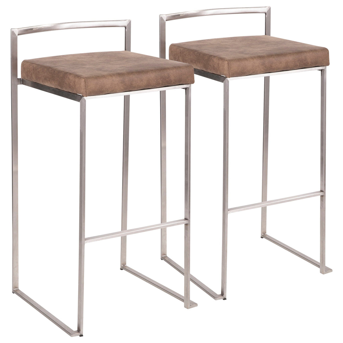 Contemporary stackable barstool set with padded brown seats, chrome metal frames, 2 stools on Tampa Home & Garden Store