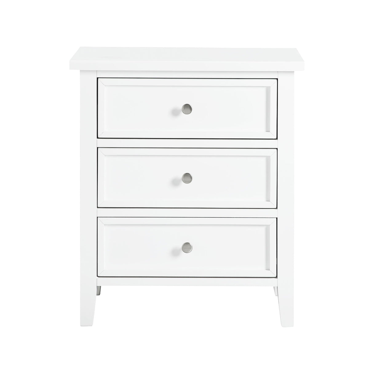3-drawer nightstand in white with metal glides and round knobs on Tampa Home & Garden Store
