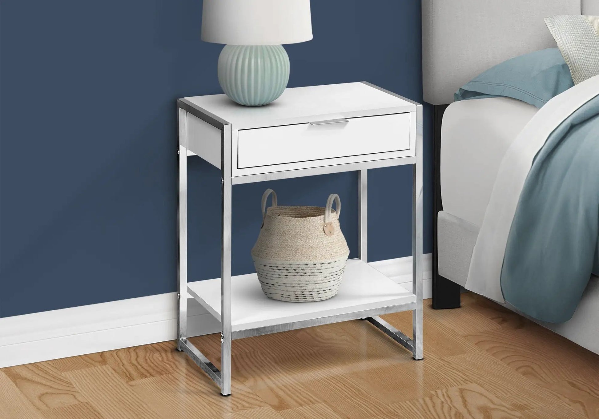 Accent Side Table by Unique Piece Furniture with storage drawer, chrome frame, white top on Tampa Home & Garden Store