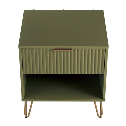 Modern nightstand with fluted drawer in olive green, copper handle, hairpin legs on Tampa Home & Garden Store