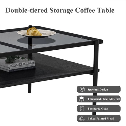 Double-tiered storage coffee table with tempered glass top and black metal frame on Tampa Home & Garden Store