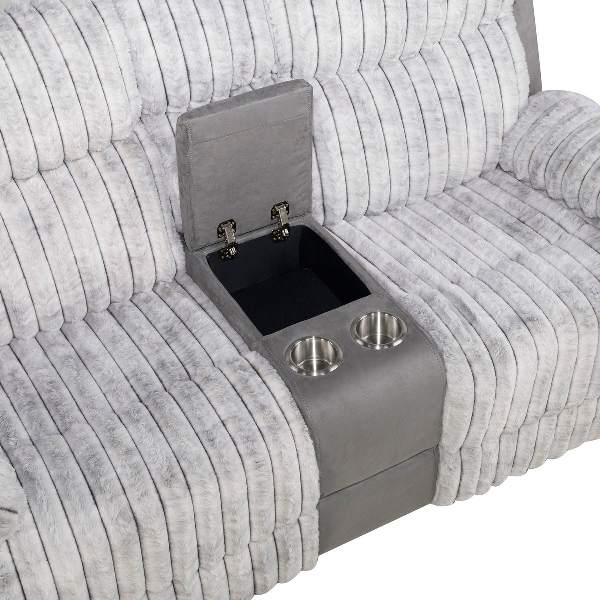Bruni Manual Reclining Loveseat with gray faux fur and center console with four cup holders on Tampa Home & Garden Store