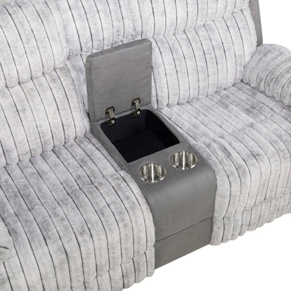 Bruni Manual Reclining Loveseat with gray faux fur and center console with four cup holders on Tampa Home & Garden Store