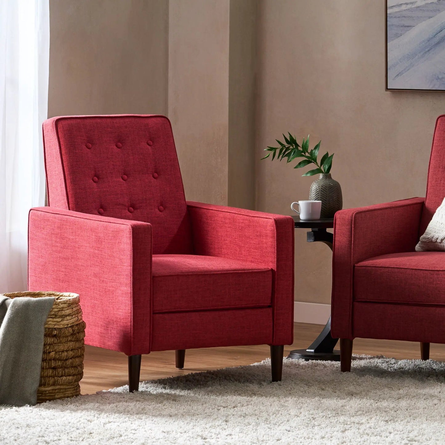 Mid-Century Modern red recliners with button tufting and waffle stitch upholstery, pair on Tampa Home & Garden Store
