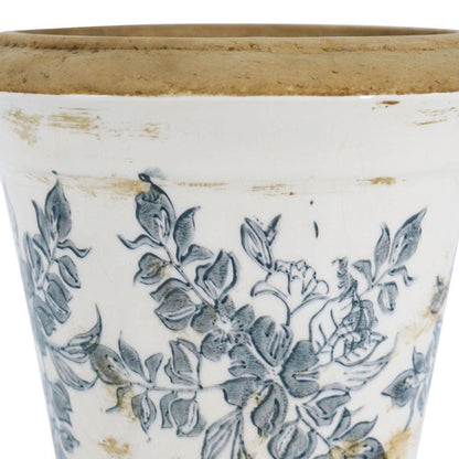 Ceramic planter with blue floral pattern, white glaze and brown rim by HouseOfZazla on Tampa Home & Garden Store