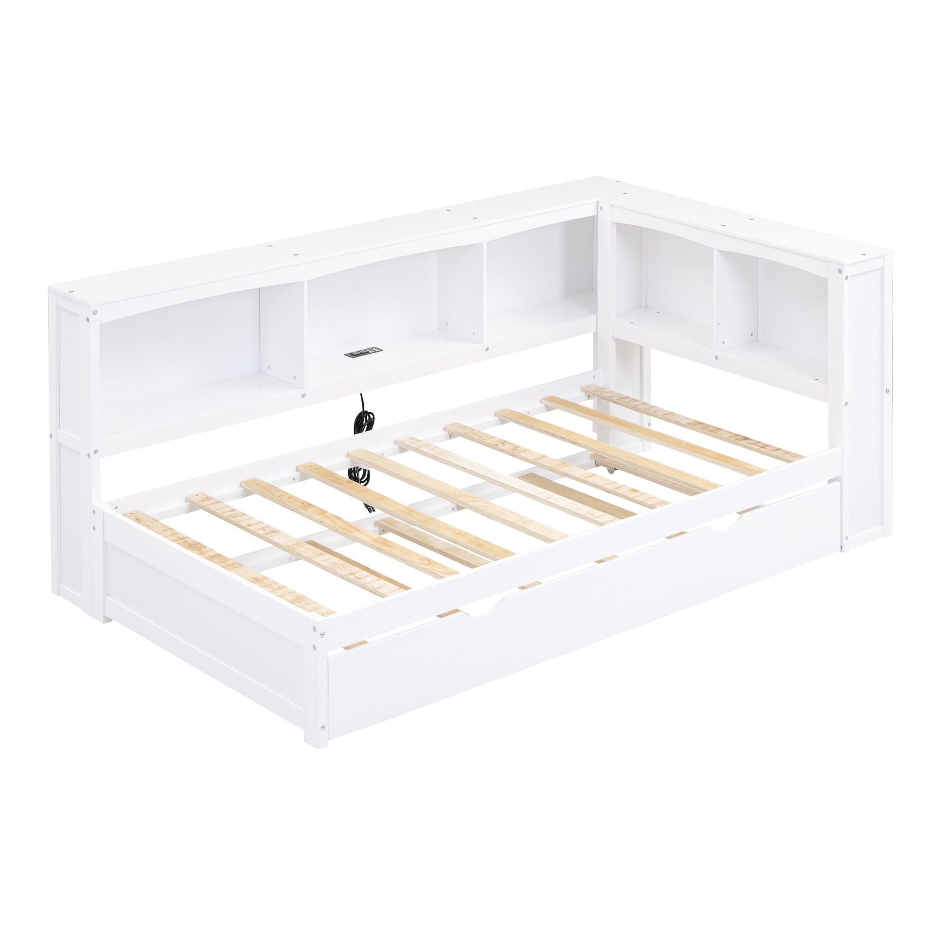 White daybed with trundle, storage cabinets and USB ports; wood bed base, HouseOfZazla on Tampa Home & Garden Store