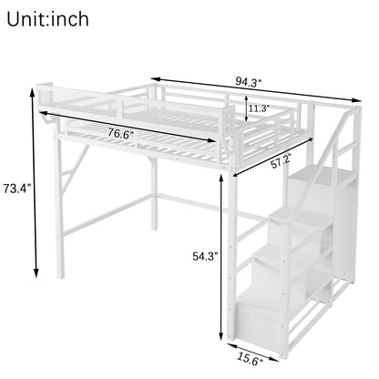 Full Size Loft Bed with Stairs and Storage Shelves by HouseOfZazla, white metal frame on Tampa Home & Garden Store