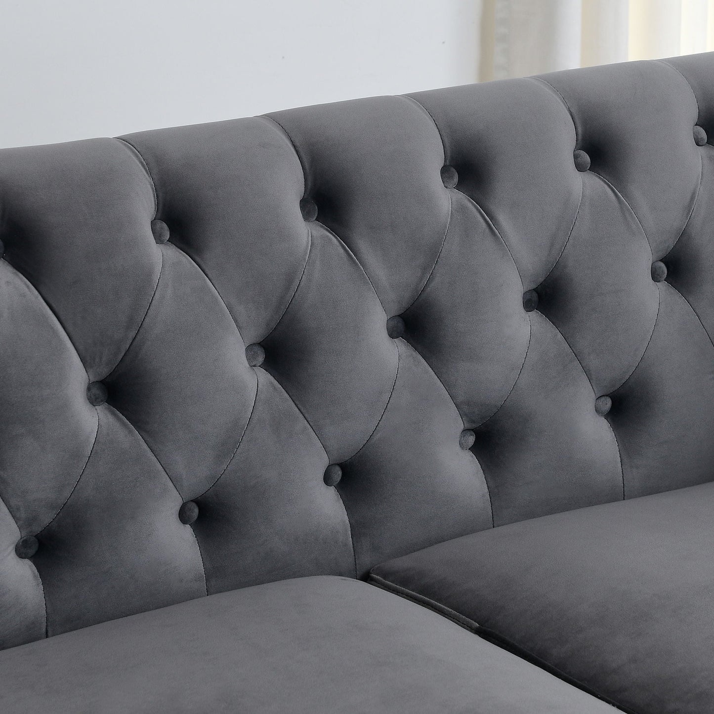 Grey velvet modern Chesterfield sofa with tufted backrest by HouseOfZazla, stationary sofa on Tampa Home & Garden Store