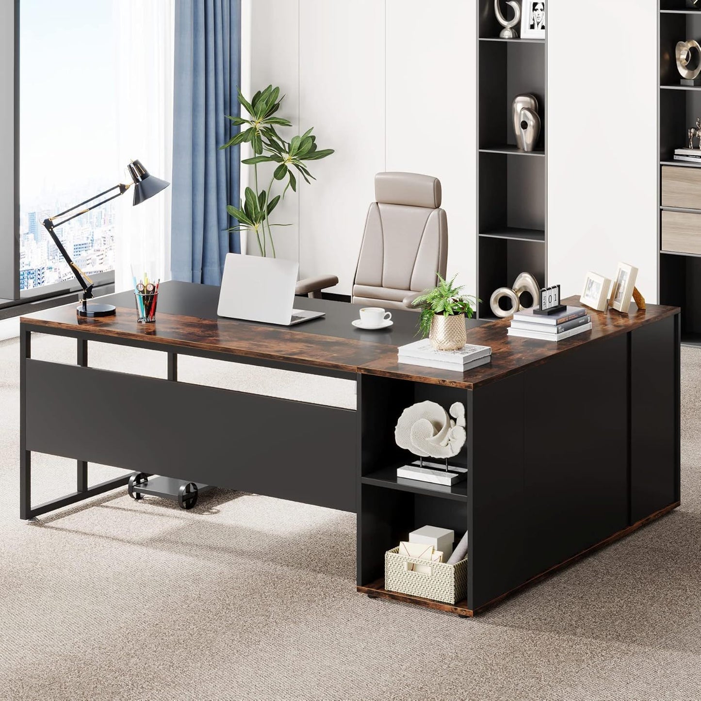 L-shaped executive desk with brown wood top and black frame, printer station and CPU stand with storage shelves on Tampa Home & Garden Store