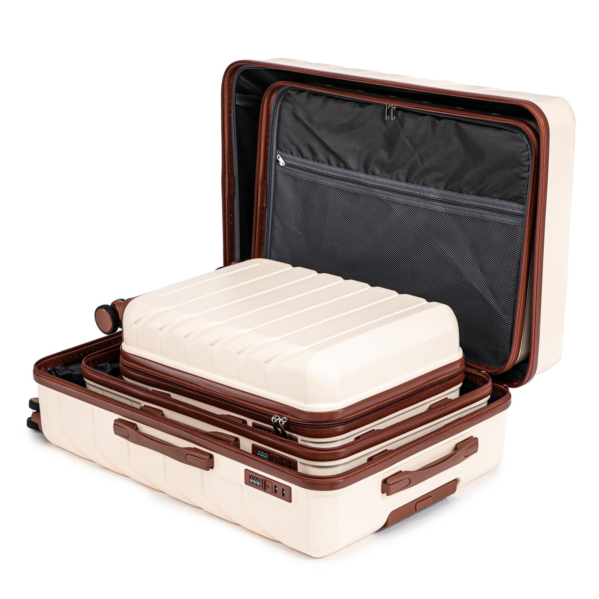 3-piece spinner luggage set by HouseOfZazla, beige with brown trim, interior mesh pocket on Tampa Home & Garden Store
