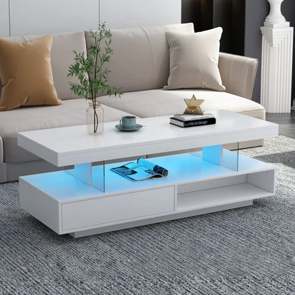 LED coffee table with 2 drawers and display shelves, white glossy finish with blue LED accents on Tampa Home & Garden Store