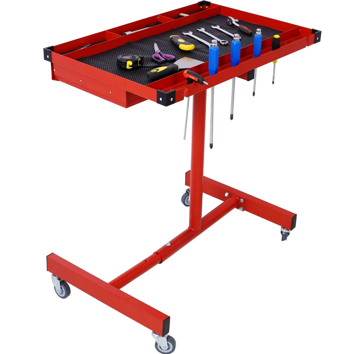 Adjustable tear-down work table with drawer, red metal frame, tool tray and caster wheels on Tampa Home & Garden Store