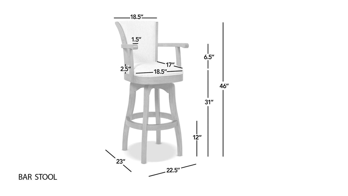Williams Swivel Bar Stool with Armrests, solid hardwood frame, bar height 28–30 inches on Tampa Home & Garden Store