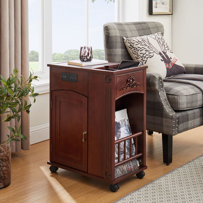 Traditional end table with charging station in red walnut finish, carved front panels, on casters on Tampa Home & Garden Store