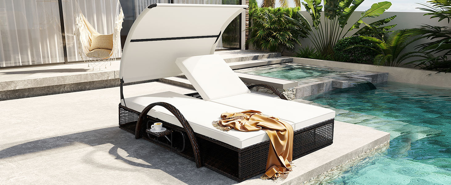 U_STYLE outdoor steel frame sun lounger with adjustable backrest, white cushions, wicker base on Tampa Home & Garden Store
