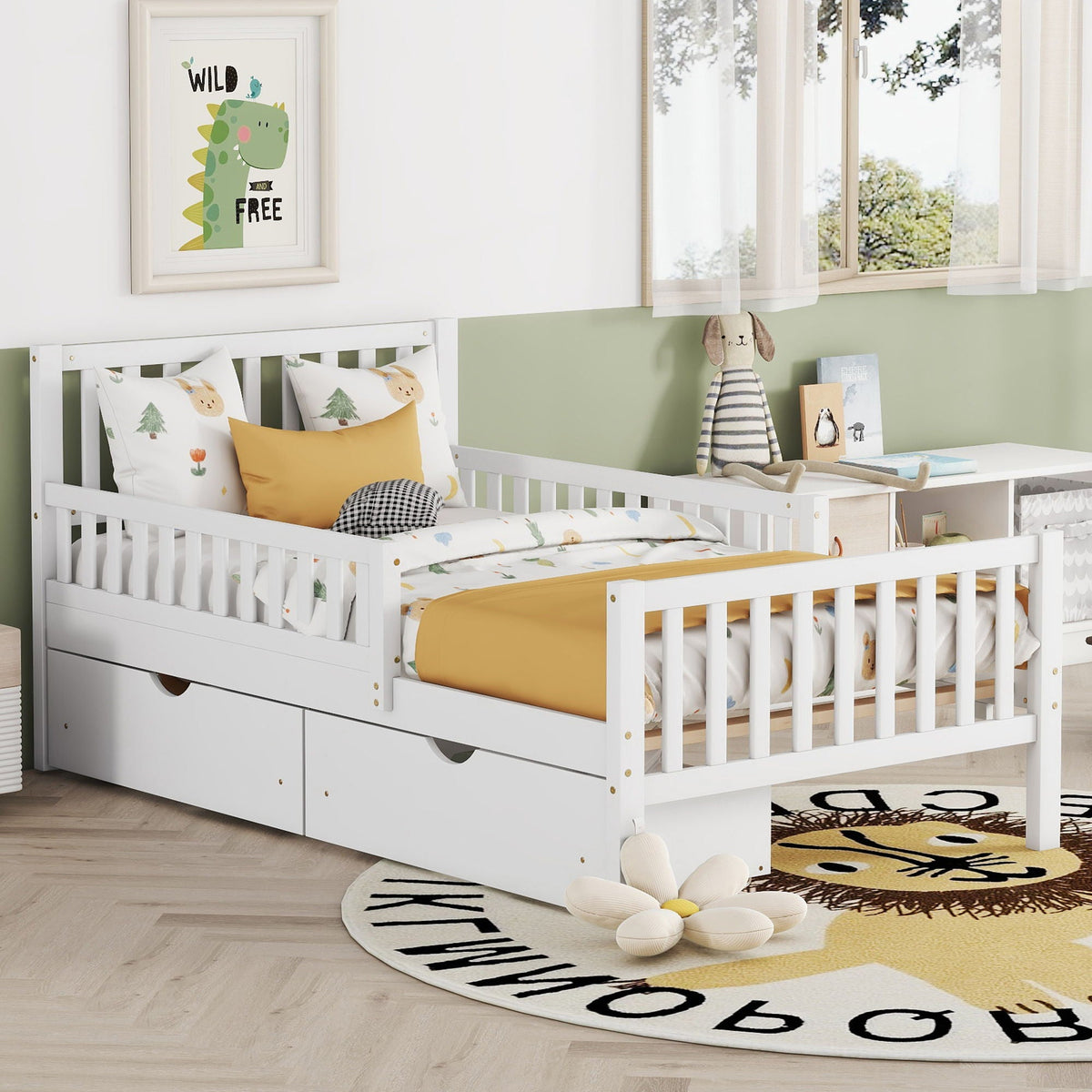 White platform bed with guardrails on both sides and two under-bed storage drawers on Tampa Home & Garden Store