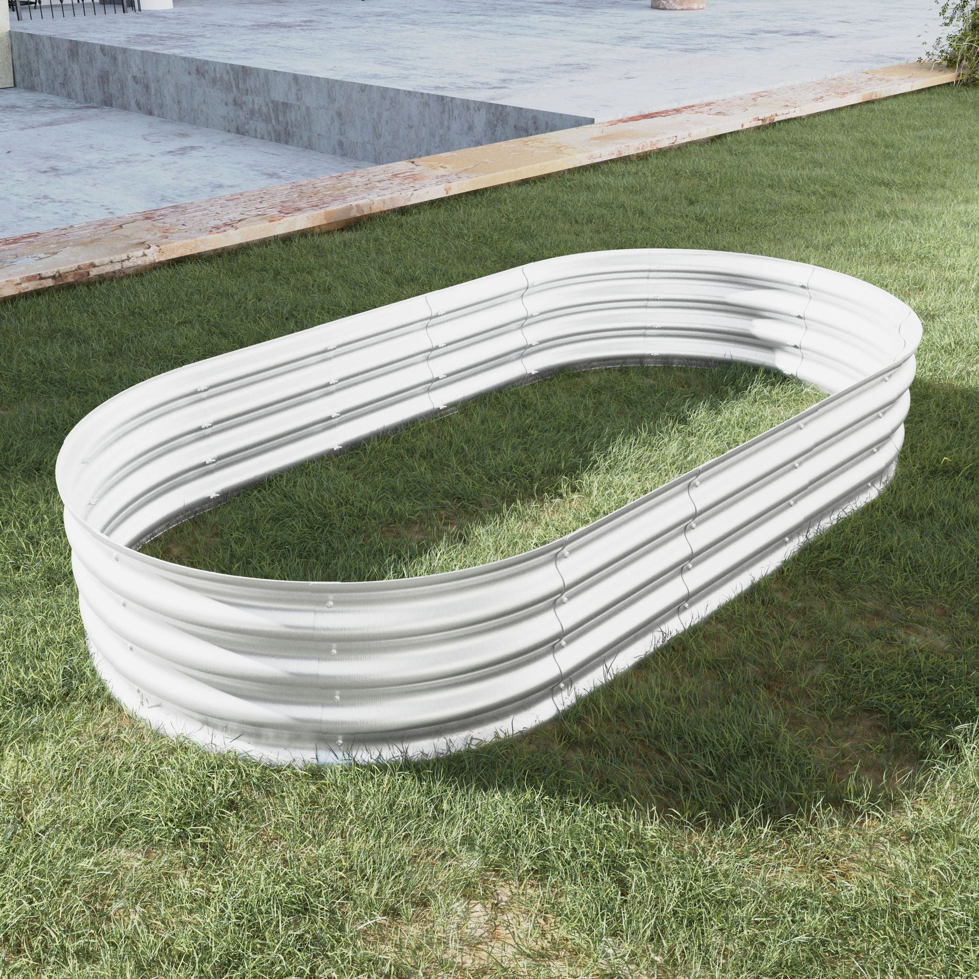 Heavy Duty Galvanized Raised Garden Bed Kit oval planter on lawn HouseOfZazla on Tampa Home & Garden Store