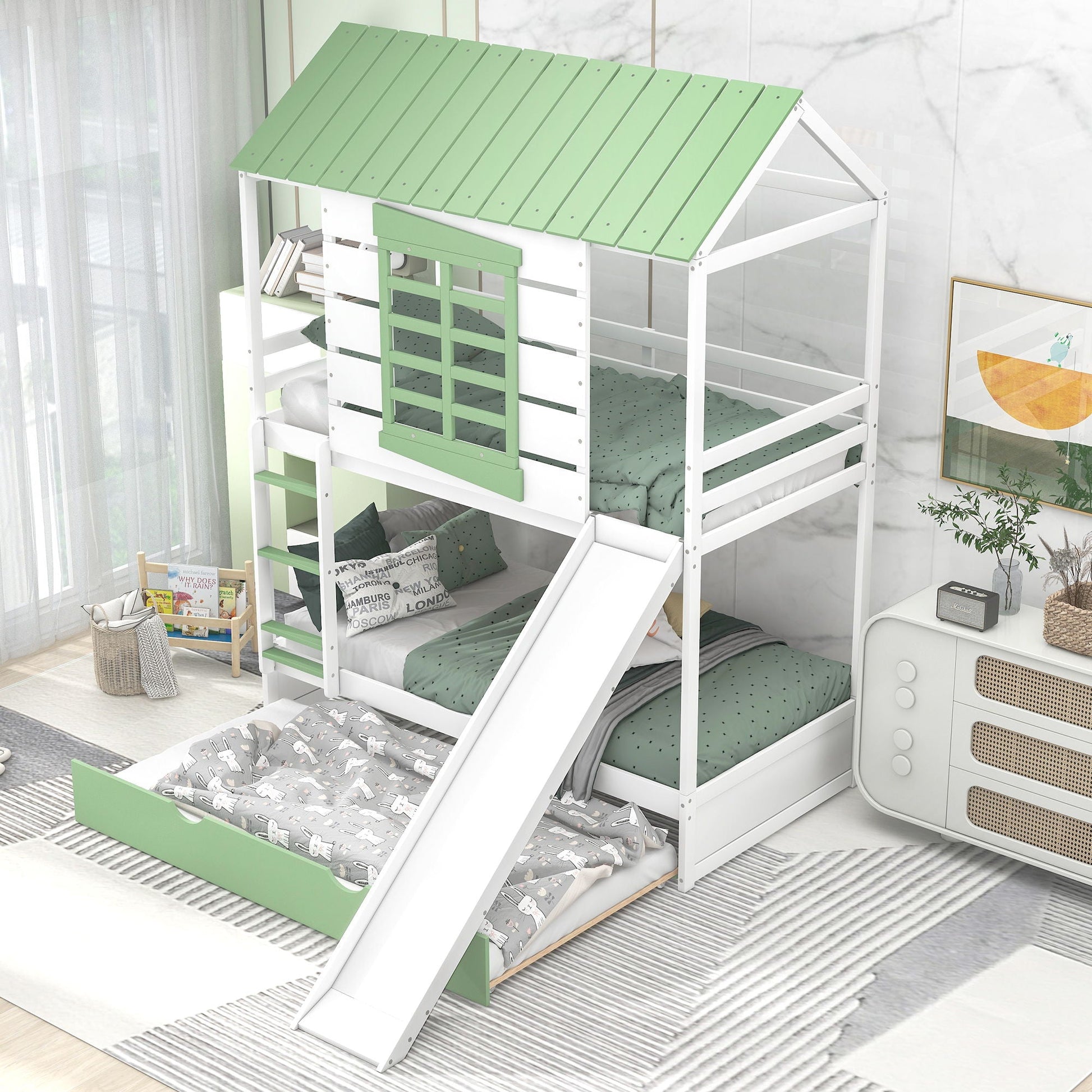 Twin over twin bunk bed with slide and trundle white with mint green accents HouseOfZazla on Tampa Home & Garden Store