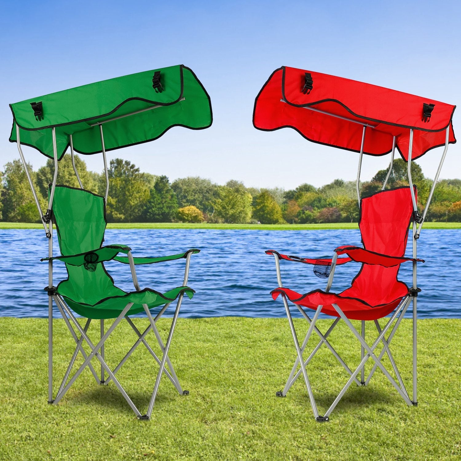 GemGear foldable beach canopy chair with cup holder 330LBS green and red folding steel frame on Tampa Home & Garden Store