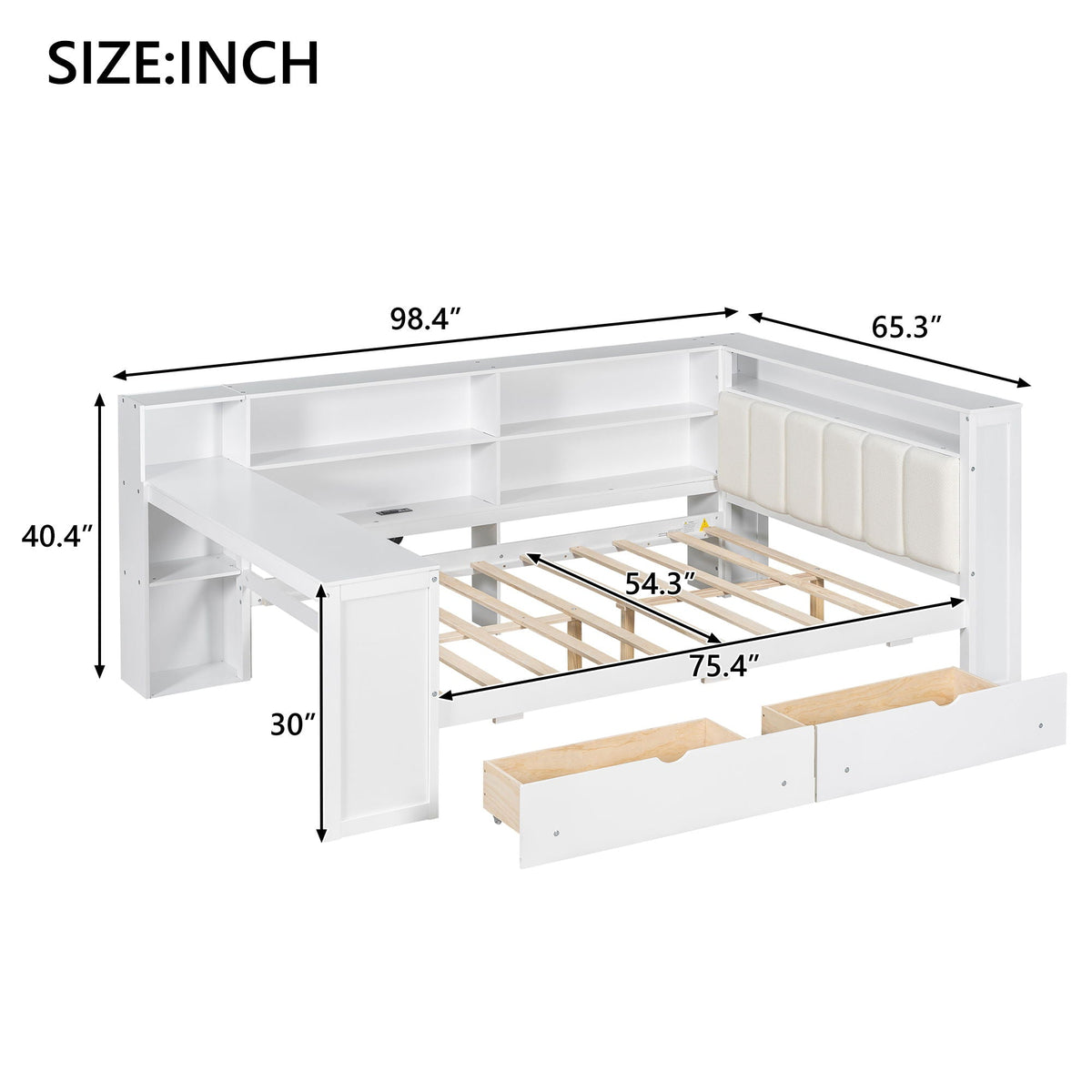 Platform bed with built-in storage shelves and drawers in white by HouseOfZazla on Tampa Home & Garden Store