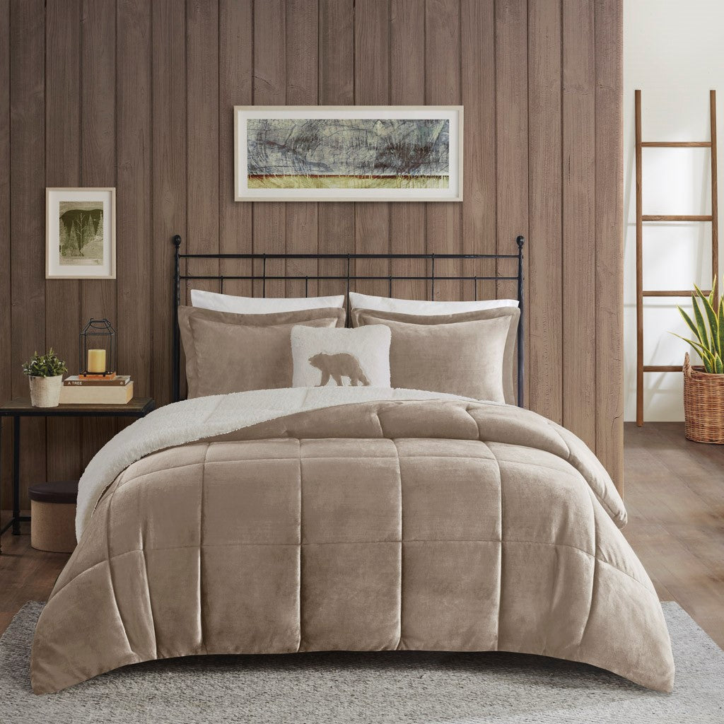 King Plush to Sherpa Down Alternative Comforter Set in taupe plush by HouseOfZazla on bed on Tampa Home & Garden Store