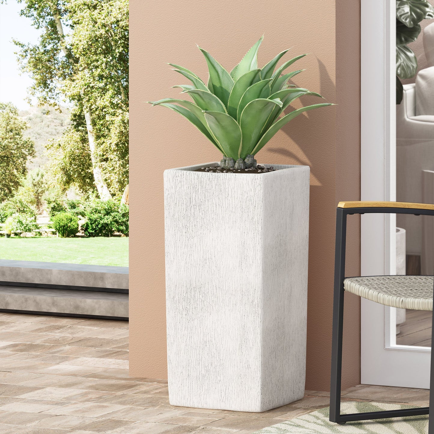 MGO Planter by HouseOfZazla; two white textured planters with green agave on peach outdoor wall on Tampa Home & Garden Store