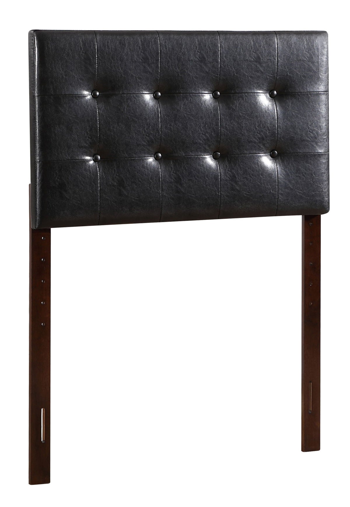 Upholstered headboard in black faux leather with tufted grid and dark wood legs adjustable on Tampa Home & Garden Store