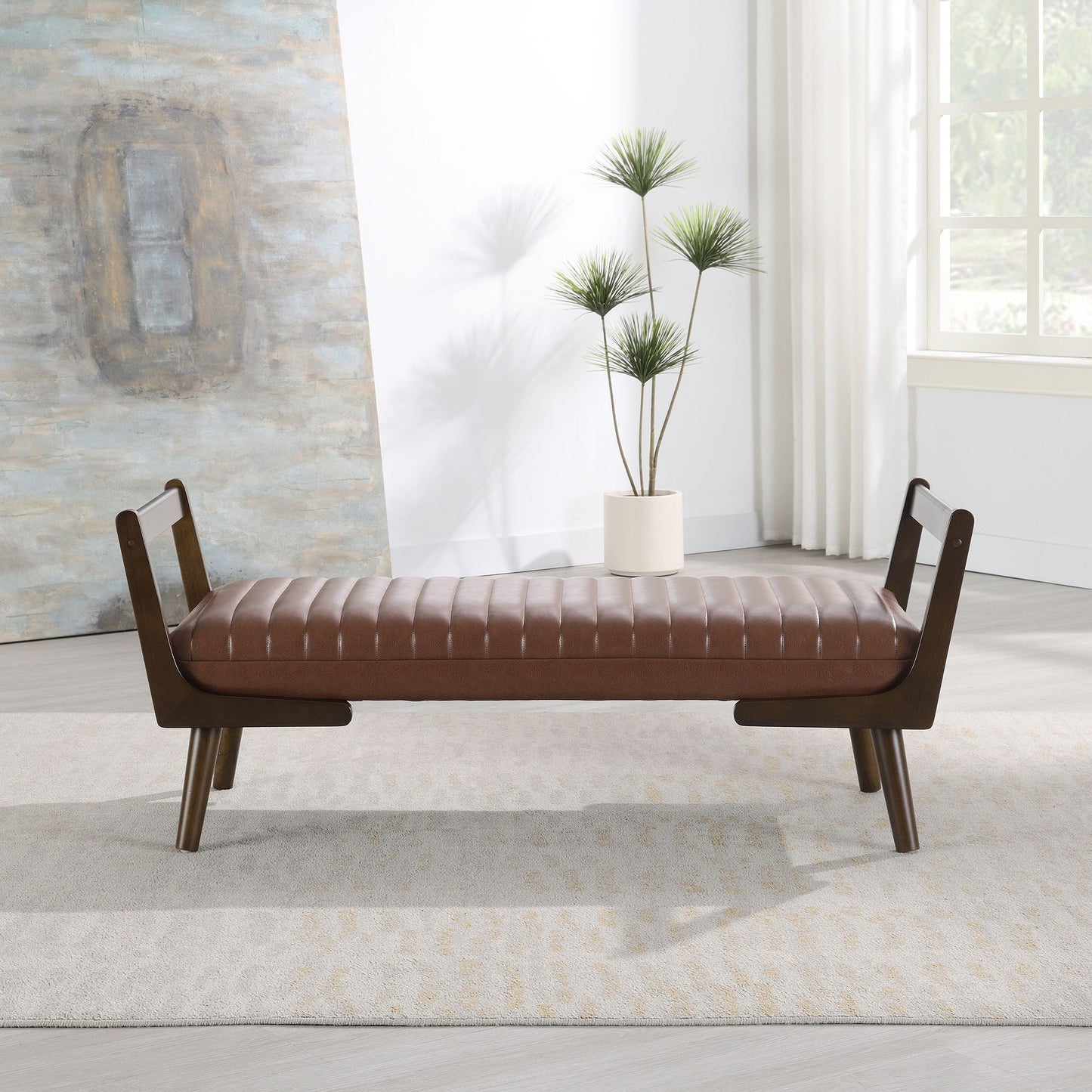 Mid-Century Bench With Wood Legs in brown leather upholstery by HouseOfZazla on Tampa Home & Garden Store