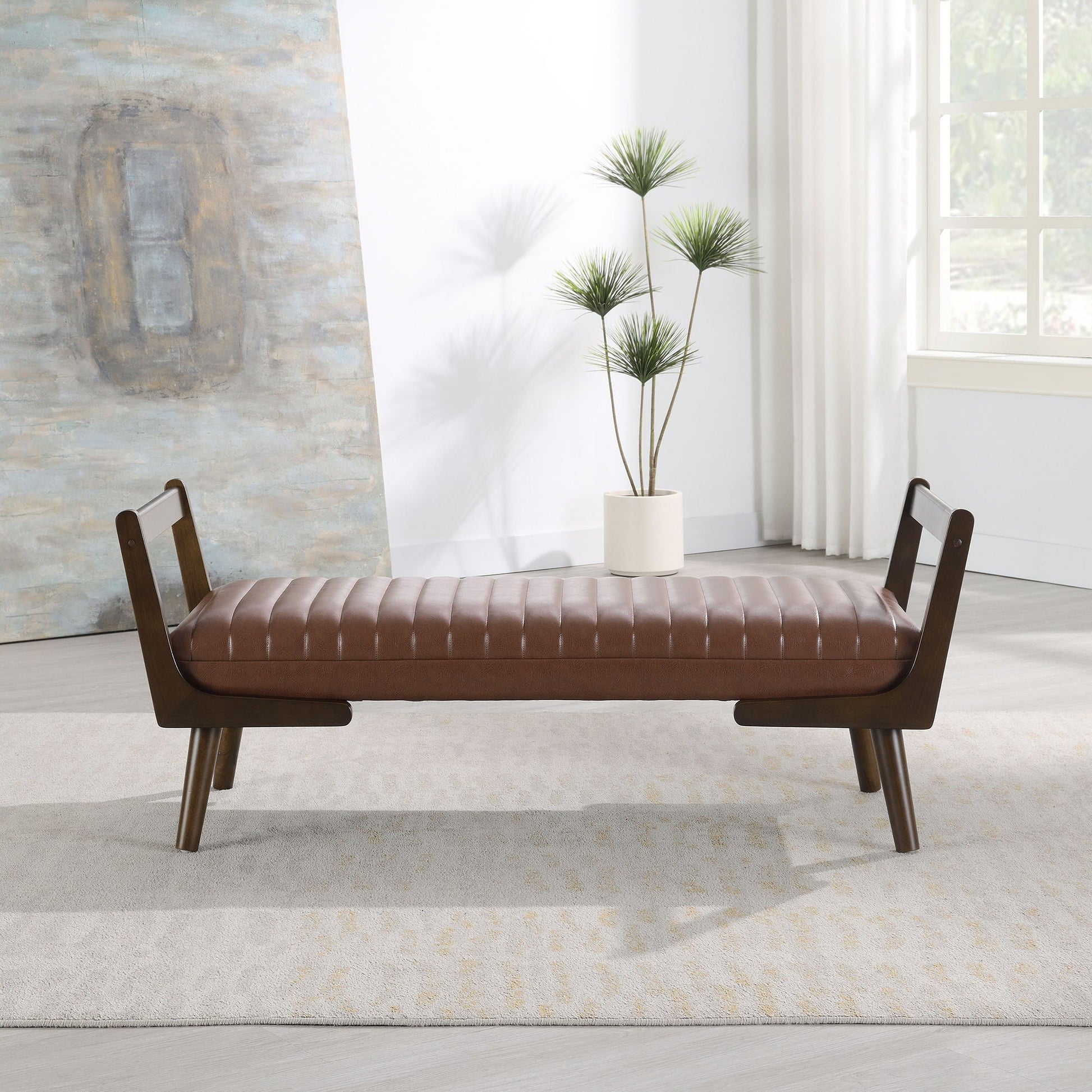 Mid-Century Bench With Wood Legs in brown leather upholstery by HouseOfZazla on Tampa Home & Garden Store