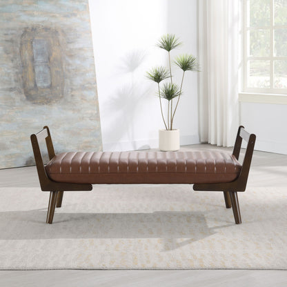Mid-Century Bench With Wood Legs in brown leather upholstery by HouseOfZazla on Tampa Home & Garden Store