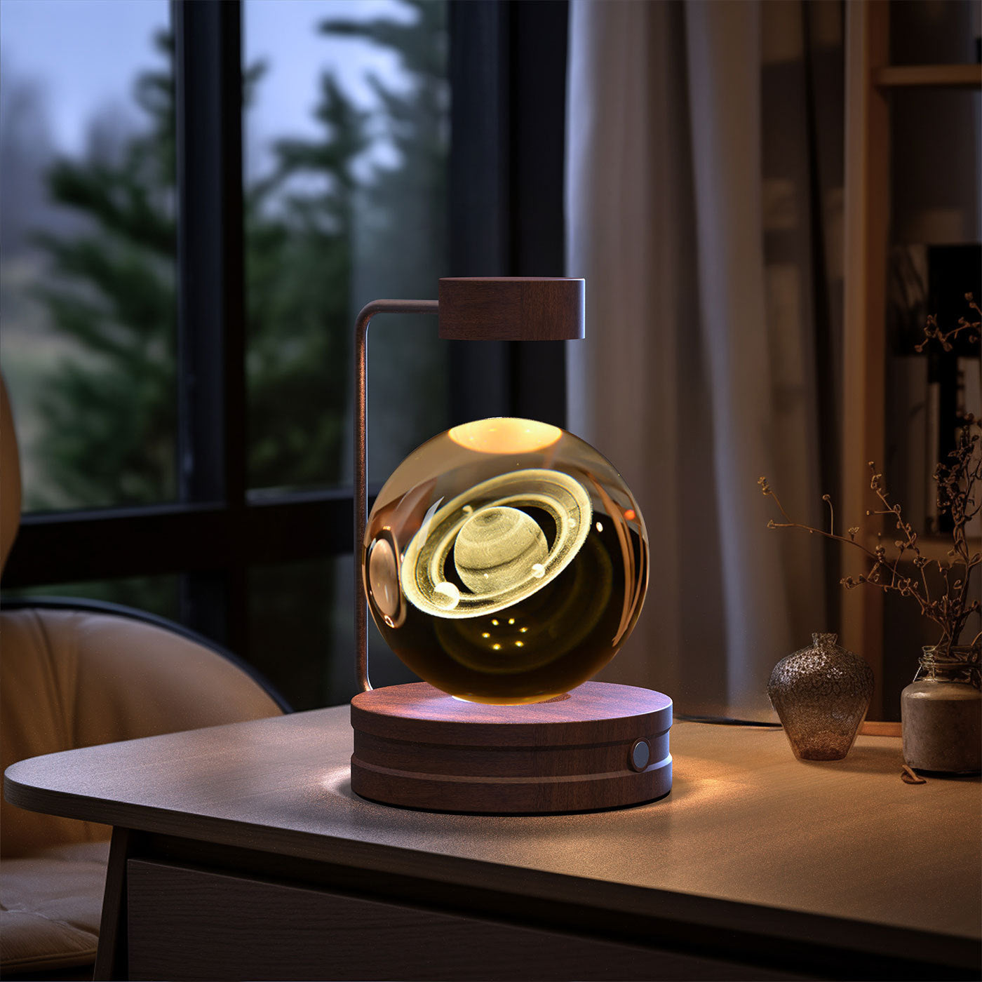 Crystal Ball night light with glass globe, wooden base and arm, USB powered warm glow on Tampa Home & Garden Store