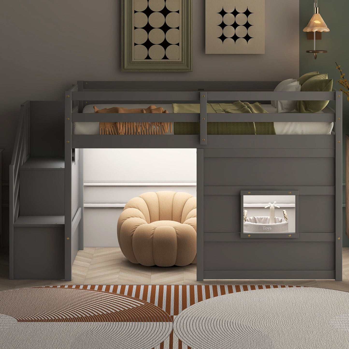 Loft bed with storage staircase and LED light in dark gray by HouseOfZazla on Tampa Home & Garden Store