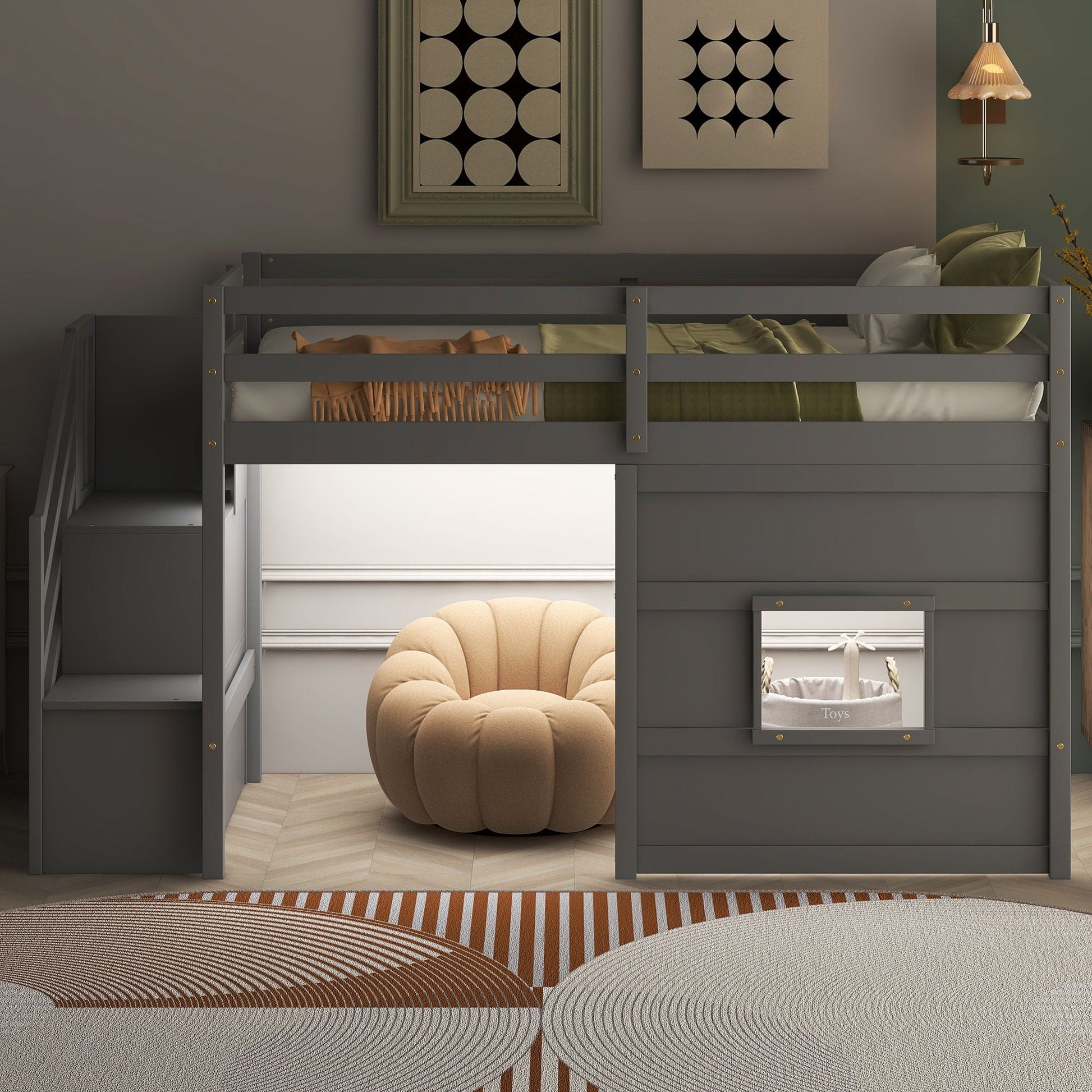 Loft bed with storage staircase and LED light in dark gray by HouseOfZazla on Tampa Home & Garden Store