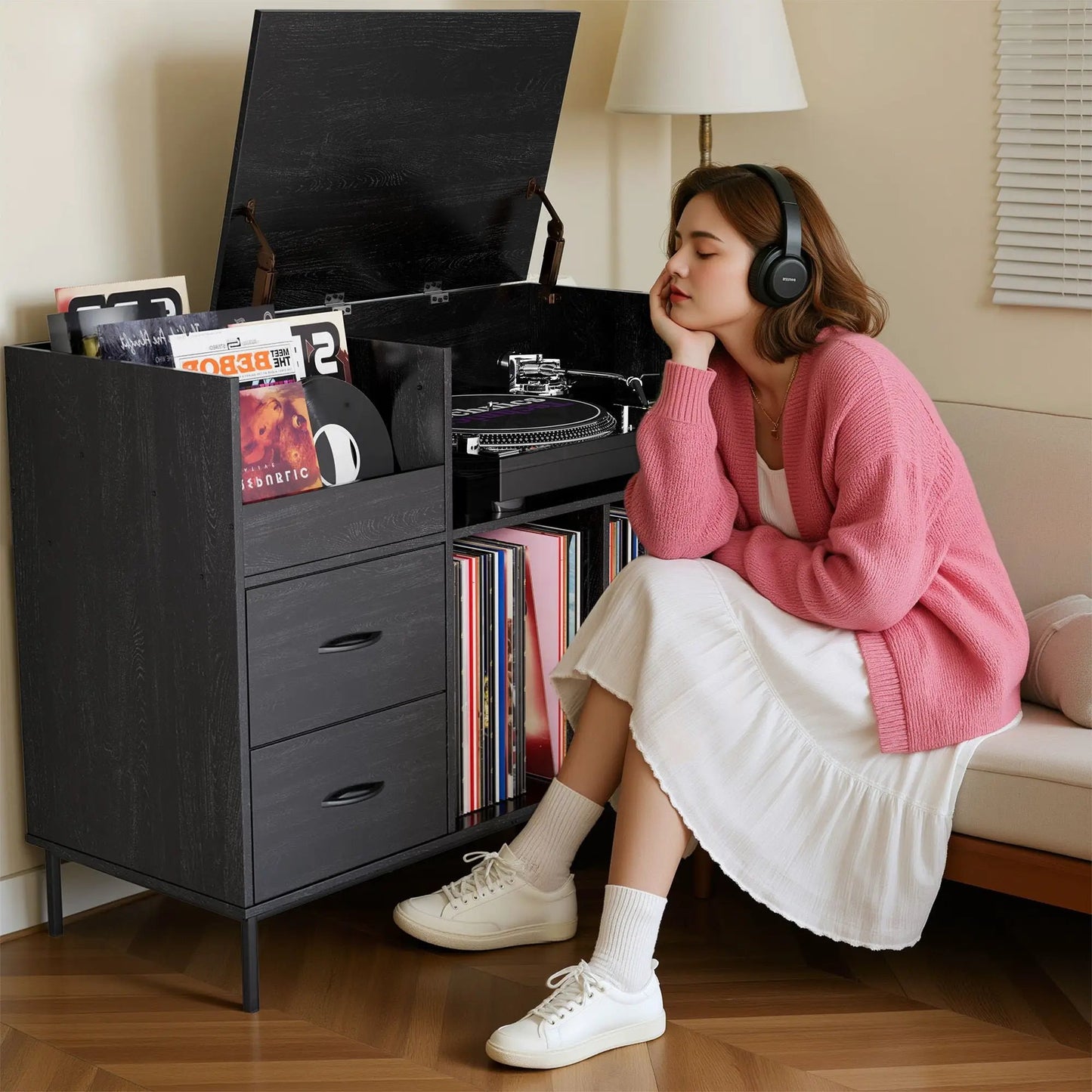 Black vinyl record stand with flip-top lid, dustproof drawers; turntable and records on Tampa Home & Garden Store