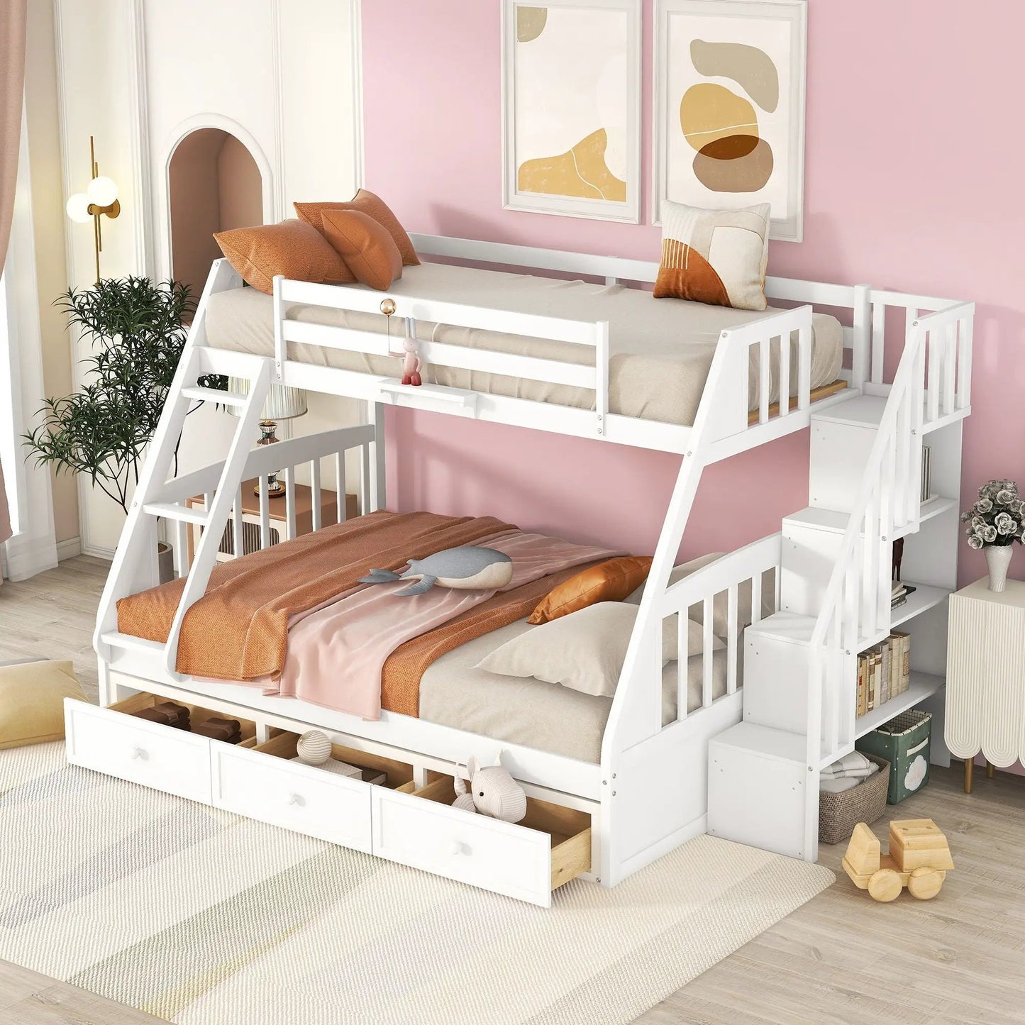 White bunk bed with drawers under bottom bunk and storage staircase, orange bedding on Tampa Home & Garden Store